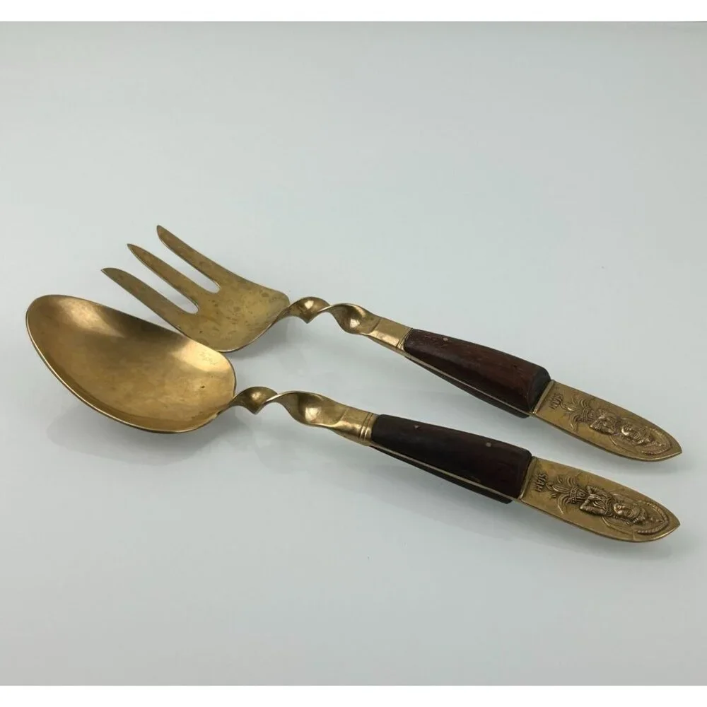 MCM Siam Gold Tone Serving Fork & Spoon Wood Handle Twist Buddha Unique Vintage